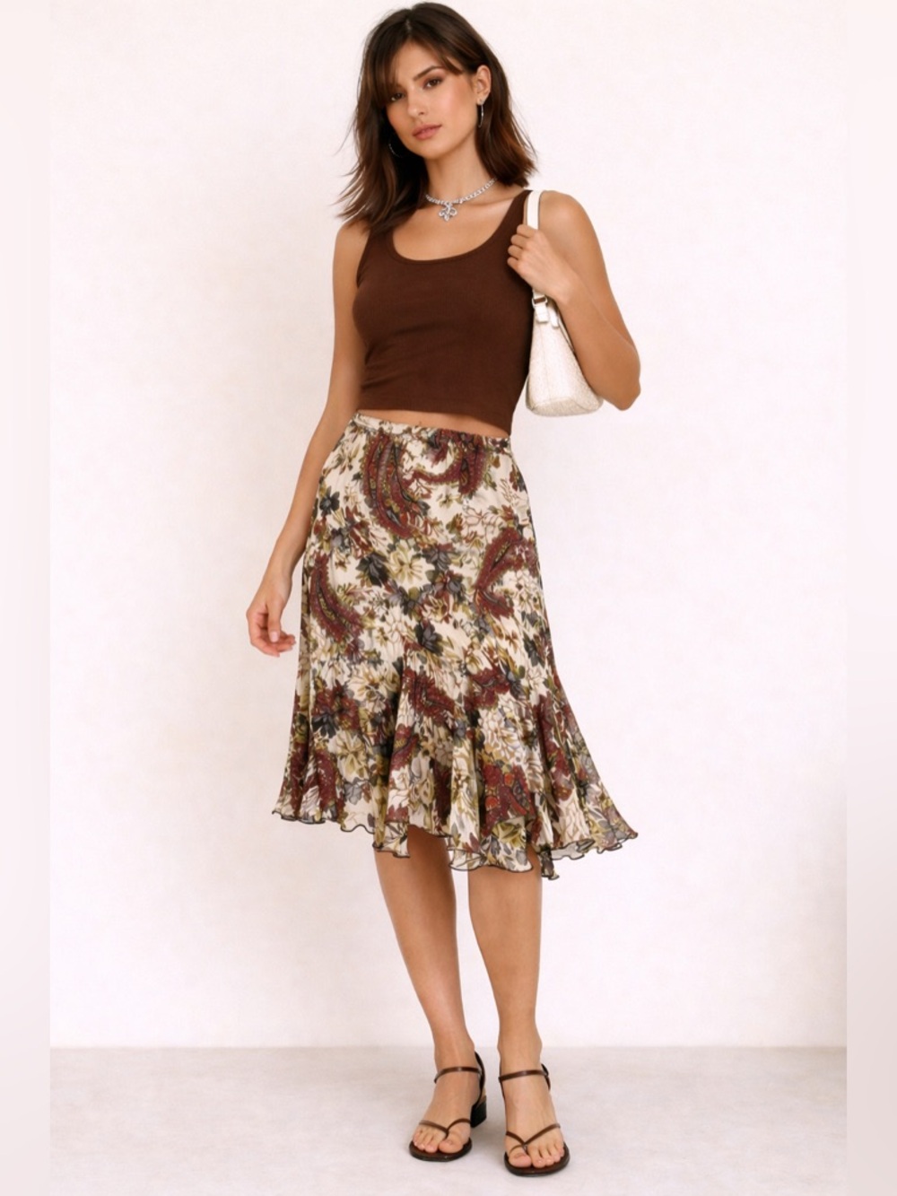 Reitmans Cream, Olive & Burgundy Paisley Asymmetrical Skirt